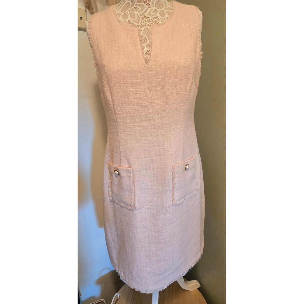 Karl Lagerfeld Paris Pink Tweed Frayed Sheath Dress Pearl Button Size 12
